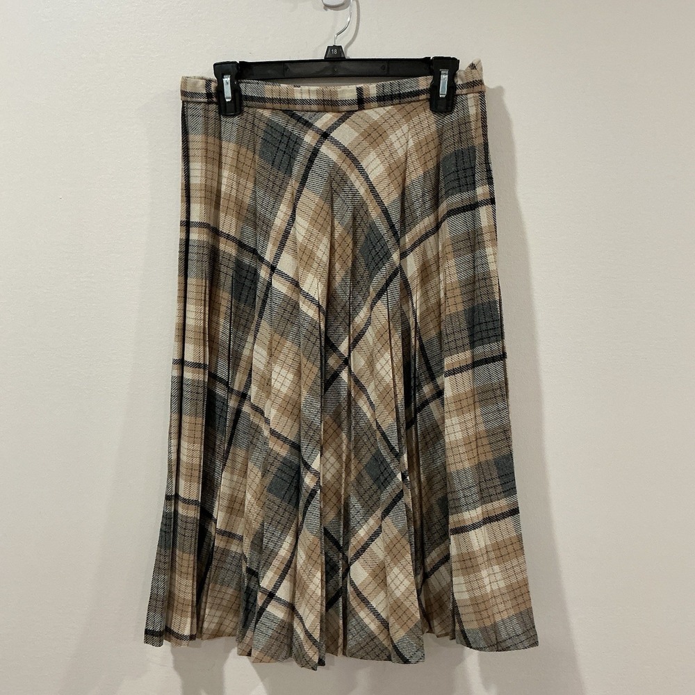 Vtg Wool Plaid Pleated Skirt Sz 16 MADISON Union Rustic Fall Colors EUC 60s 70s